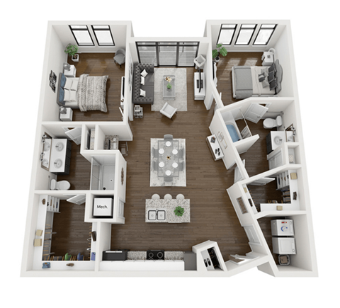 Floor plan for 2 beds, 2 baths, 1162 sqft